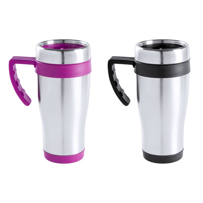 Foto van Warmhoudbekers/thermos isoleer koffiebekers/mokken - 2x stuks - rvs - zwart en roze - 450 ml - thermosbeker