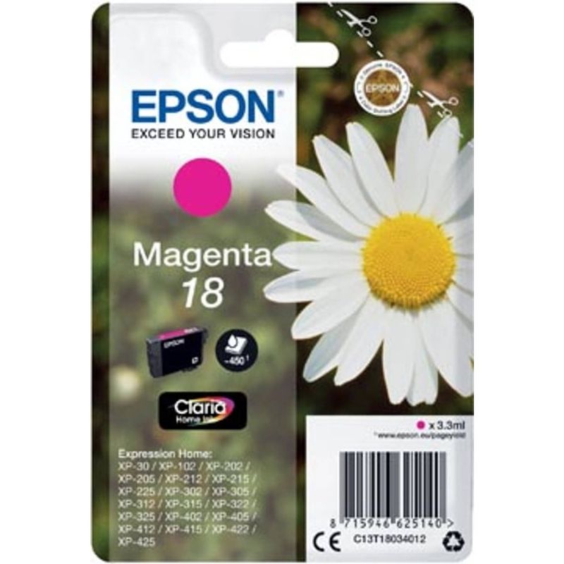 Foto van Epson inktcartridge 18 magenta, 180 pagina's - oem: c13t18034012