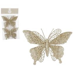 Foto van House of seasons kerst vlinders op clip - 2x st - champagne glitter - 16 cm - kersthangers