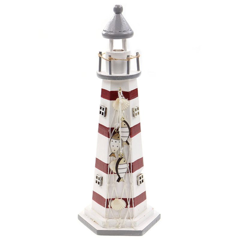 Foto van Vuurtoren beeldje met led licht - hout - 9 x 22 cm - wit/rood - maritieme decoraties binnen - beeldjes