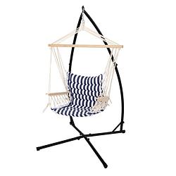 Foto van Design hangstoel blauw/wit, 45x100x43 cm, gemaakt van katoen/hardhout, belastbaar tot 120 kg