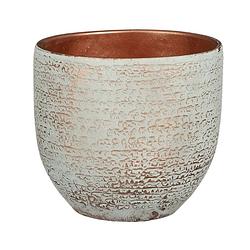 Foto van Plantenpot/bloempot carrie terracotta koper met flakes patroon - d16/h14 cm - plantenpotten