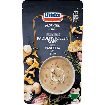 Foto van 2 zakken soep a 570 ml, pakken cupasoup a 3 stuks of single verpakkingen noodles of pasta | unox soep in zak proeverij romige paddenstoelensoep 570ml aanbieding bij jumbo