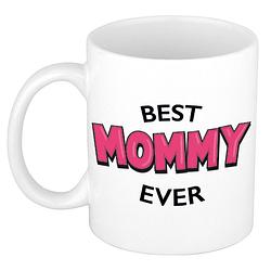 Foto van Best mommy ever cadeau mok / beker wit met roze cartoon letters 300 ml - feest mokken