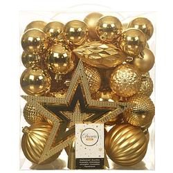 Foto van Set 66x stuks kunststof kerstballen met ster piek goud - kerstbal