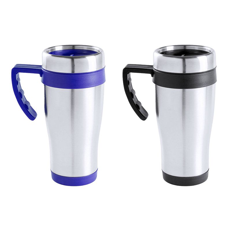 Foto van Warmhoudbekers/thermos isoleer koffiebekers/mokken - 2x stuks - rvs - zwart en blauw - 450 ml - thermosbeker