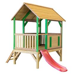 Foto van Axi akela speelhuis op palen & rode glijbaan speelhuisje voor de tuin / buiten in bruin & groen van fsc hout