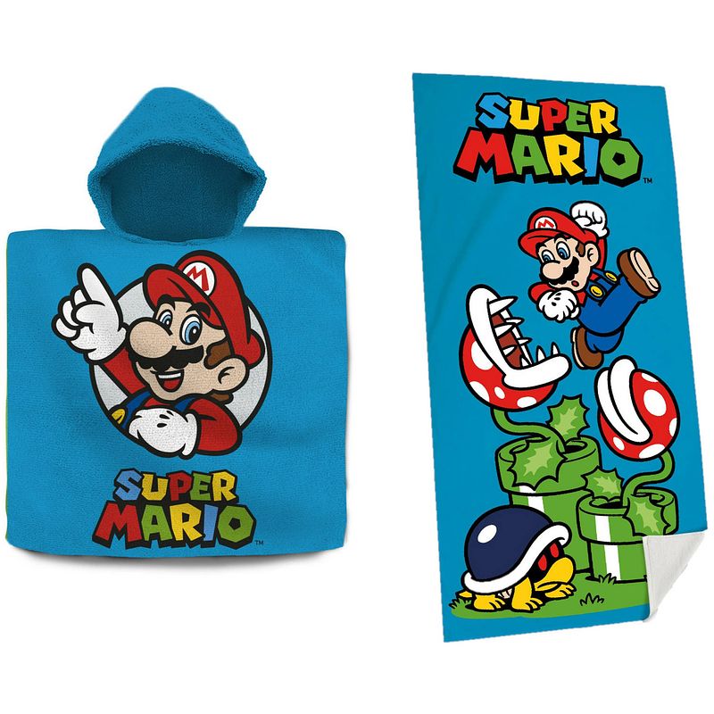 Foto van Super mario set bad cape/poncho en strand/badlaken - voor kinderen - badcapes