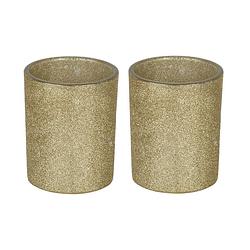 Foto van 2x gouden theelichthouders/waxinelichthouders glitter 10 cm - waxinelichtjeshouders