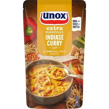Foto van 2 zakken soep a 570 ml, pakken cupasoup a 3 stuks of single verpakkingen noodles of pasta | unox extra rijkgevuld soep in zak indiase curry 570ml aanbieding bij jumbo