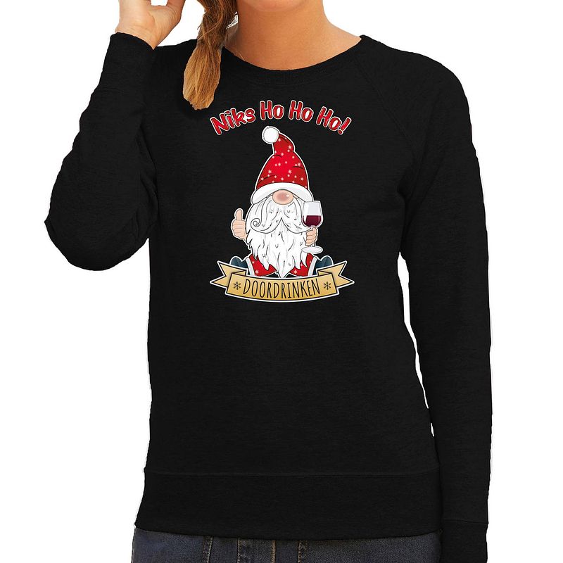 Foto van Bellatio decorations foute kersttrui/sweater dames - wijn kabouter/gnoom - zwart - doordrinken xs - kerst truien