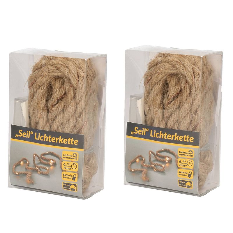 Foto van 2x touwverlichting jute met warm witte led lampjes 2 meter op batterijen met timer - lichtsnoeren