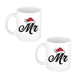 Foto van 2x stuks mr kerstmuts cadeau mok / beker wit voor heren 300 ml - bekers