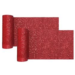 Foto van Tafelloper op rol - 2x - rood glitter - smal 18 x 500 cm - polyester - feesttafelkleden