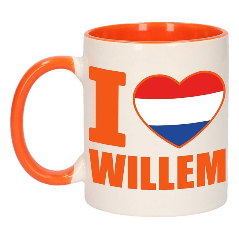 Foto van 1x i love willem beker / mok - oranje met wit - 300 ml keramiek - oranje bekers