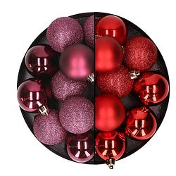 Foto van 24x stuks kunststof kerstballen mix van aubergine en rood 6 cm - kerstbal