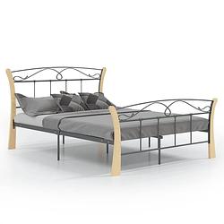 Foto van The living store bedframe - tweepersoons - metaal/eikenhout - 206x120x100 cm - zwart/lichthout