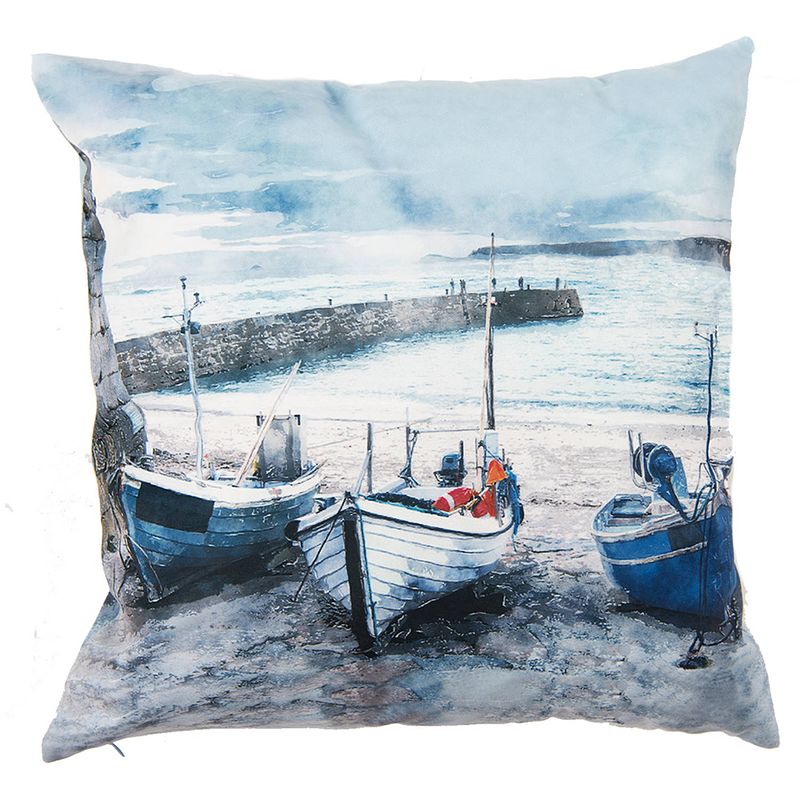 Foto van Clayre & eef kussenhoes 45*45 cm blauw grijs polyester vierkant boten sierkussenhoes kussen blauw sierkussenhoes kussen