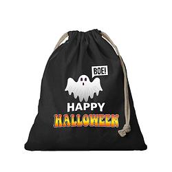 Foto van Halloween - 1x katoenen happy halloween snoep tasje met spook zwart 25 x 30 cm - verkleedtassen