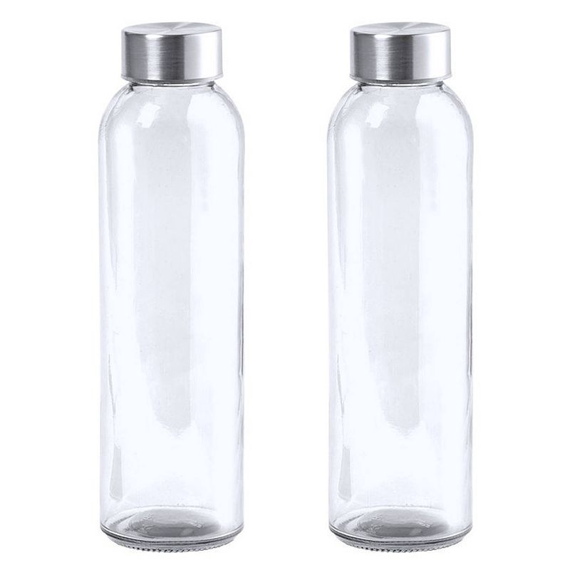 Foto van 2x stuks glazen waterfles/drinkfles transparant met rvs dop 550 ml - drinkflessen