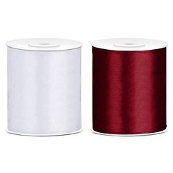 Foto van 2x rollen hobby decoratie satijnlint bordeaux rood-wit 10 cm x 25 meter - cadeaulinten