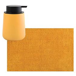 Foto van Msv badkamer droogloop mat/tapijt - 40 x 60 cm - met zelfde kleur zeeppompje 300 ml - saffraan geel - badmatjes