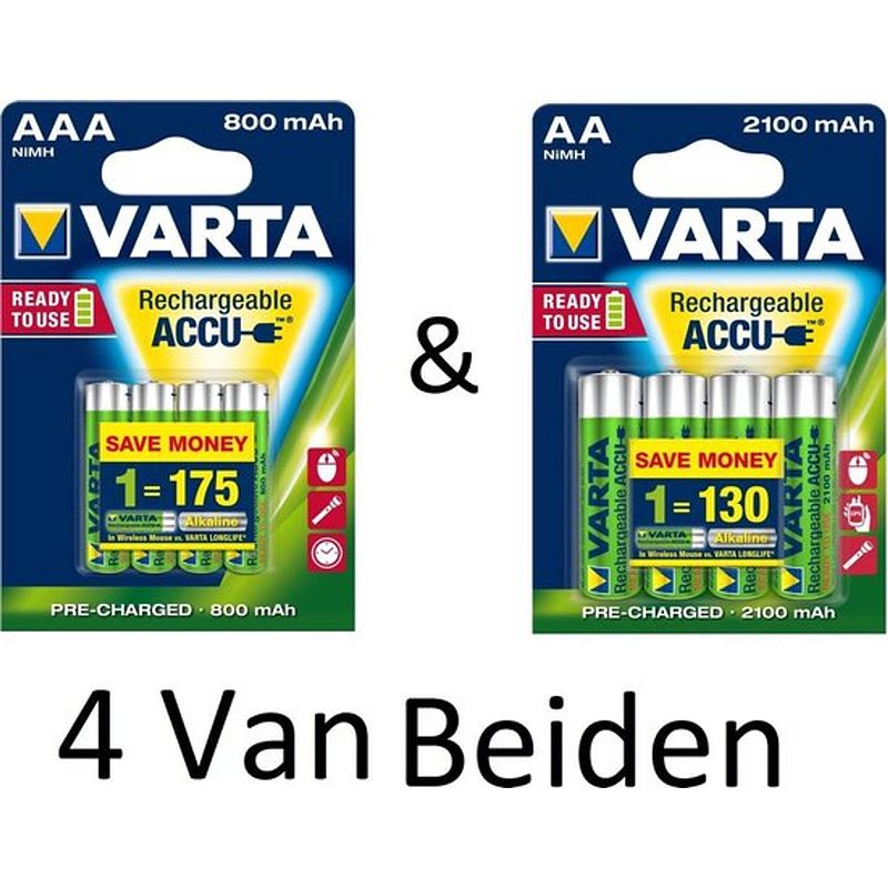 Foto van (4 van beiden) varta aa & aaa oplaadbare batterijen combi aanbieding 800 mah & 2100 mah