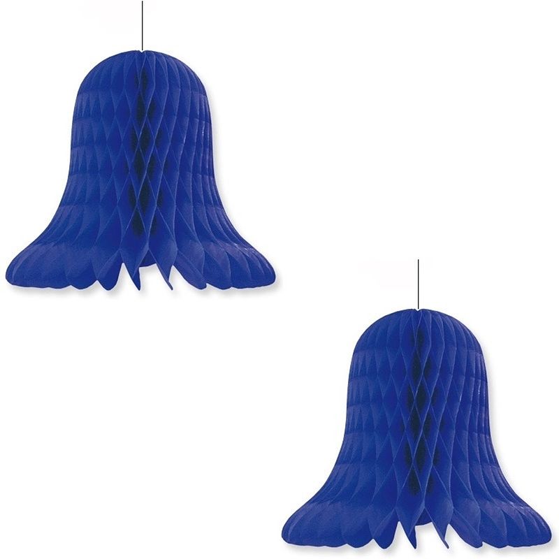 Foto van 2x kerst/feest decoratie klokken donkerblauw 30 cm - hangdecoratie