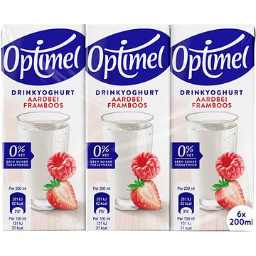 Foto van Optimel langlekker drinkyoghurt aardbei framboos 0% vet 6 x 200ml bij jumbo