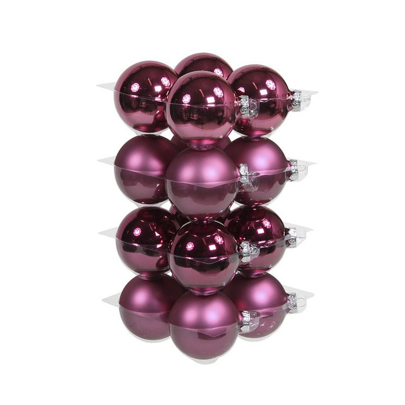 Foto van 16x stuks glazen kerstballen cherry roze (heather) 8 cm mat/glans - kerstbal