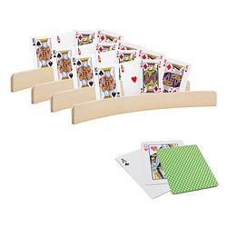 Foto van 4x stuks speelkaarthouders hout 35 cm inclusief 54 speelkaarten groen - speelkaarthouders