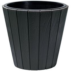 Foto van Prosperplast plantenpot/bloempot wood style - buiten/binnen - kunststof - antraciet - d35 x h32 cm - plantenpotten