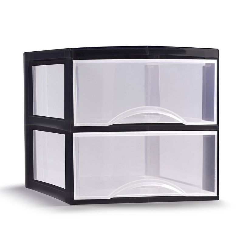 Foto van Plasticforte ladeblokje/bureau organizer 2x lades - transparant/zwart - l26 x b36 x h25 cm - ladeblok