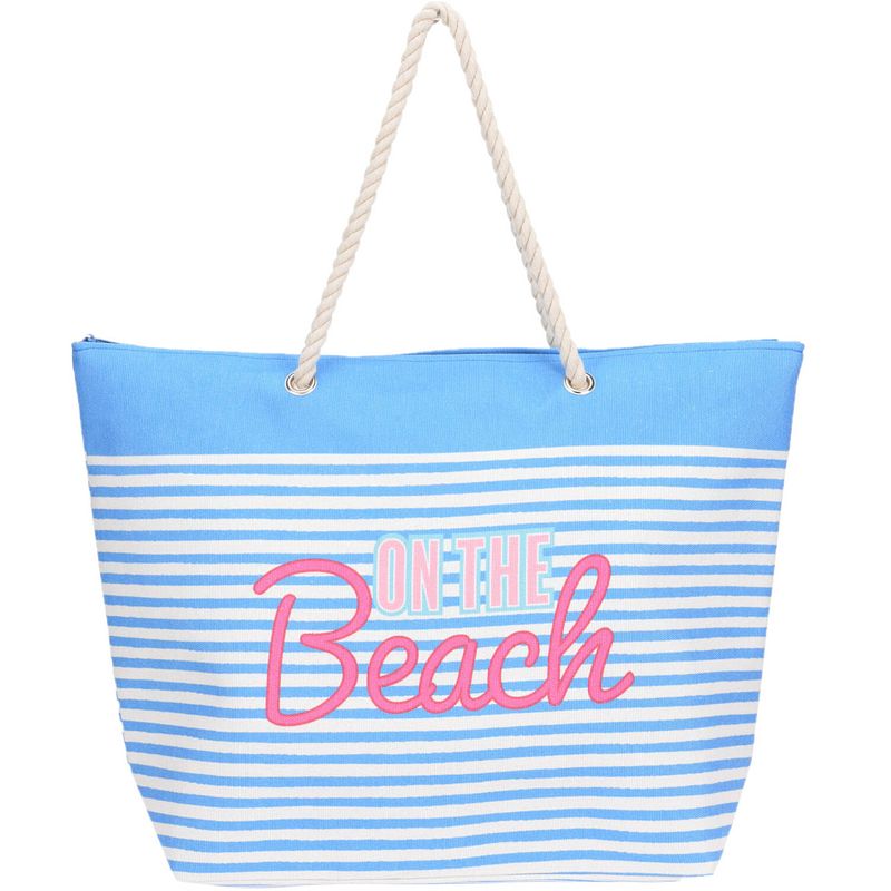 Foto van Strandtas met handvat blauw/wit gestreept met on the beach print polyester 38 x 39 cm - strandtassen