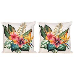 Foto van 2x bank/sier kussens met tropische bloemen print voor binnen en buiten 45 x 45 cm - sierkussens