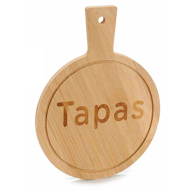 Foto van Voedsel/hapjes/tapas ronde serveerplank van bamboe 19 x 14 cm met handvat - serveerplanken