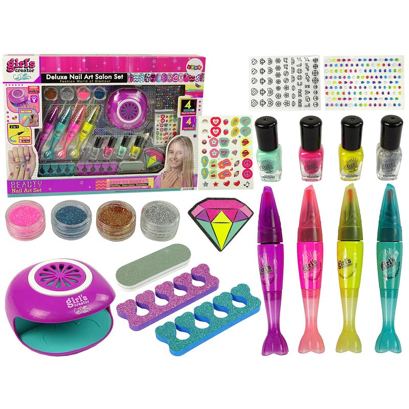 Foto van Deluxe nail art salon set nail art pennen, nagellak, nageldroger, steentjes en accessoires