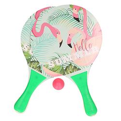 Foto van Groene beachball set met flamingoprint buitenspeelgoed - houten beachballset - rackets/batjes en bal - tennis ballenspel