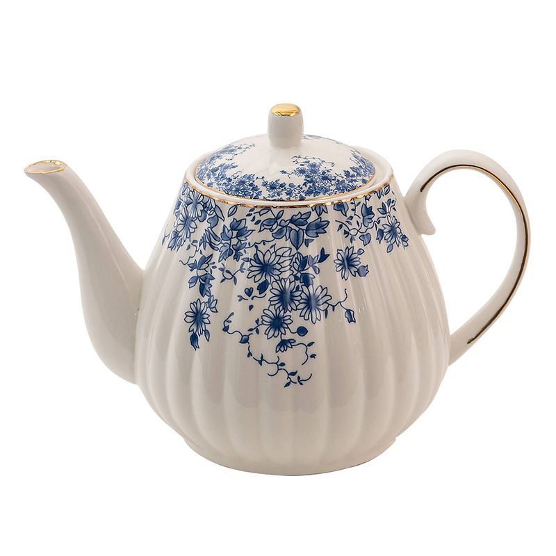 Foto van Haes deco - theepot - porselein - blue flowers - theepot 1100 ml - traditioneel theeservies, theekan