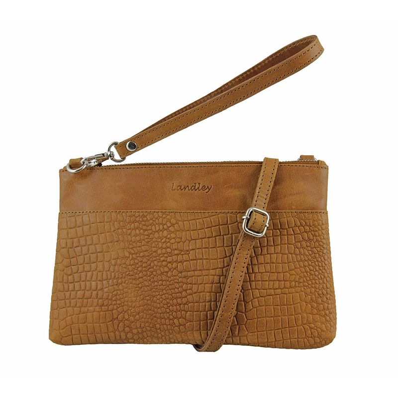 Foto van Landley dames schoudertas - leren crossbodytasje - vintage pull-up leer - krokoprint - bruin