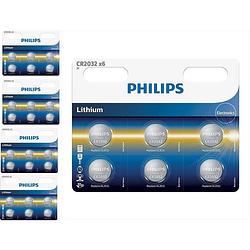 Foto van 30 stuks (5 blisters a 6st) - 6-pack philips cr2032 3v lithium knoopcelbatterij