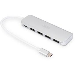 Foto van Digitus da-70242-1 4 + 1 poorten usb 3.2 gen 1-hub met snellaadpoort, met usb-c stekker, met aluminium behuizing zilver