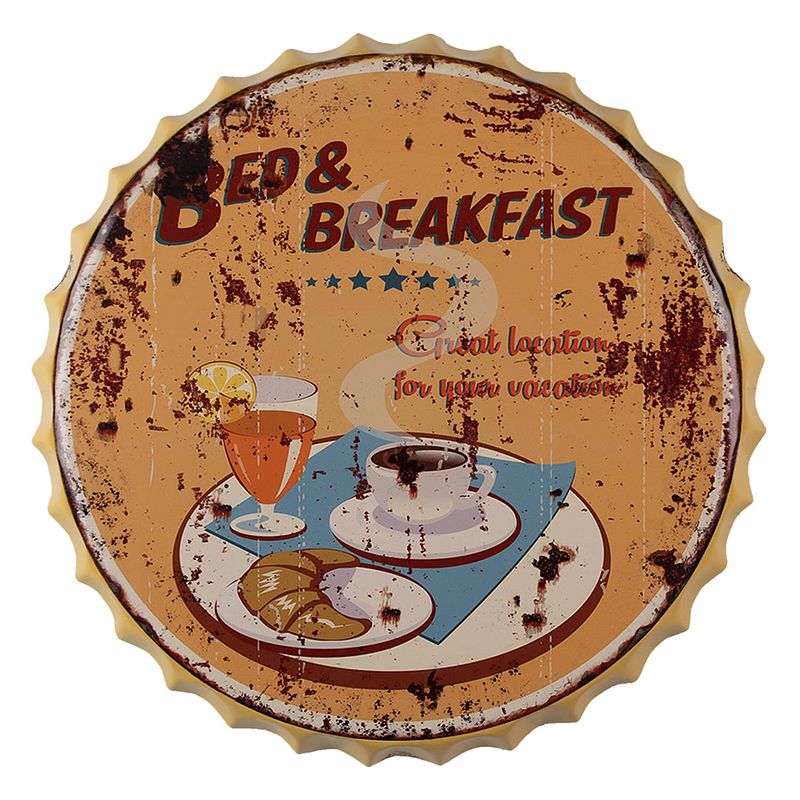 Foto van Clayre & eef tekstbord ø 50 cm geel ijzer bed & brekfast wandbord spreuk wandplaat geel wandbord spreuk