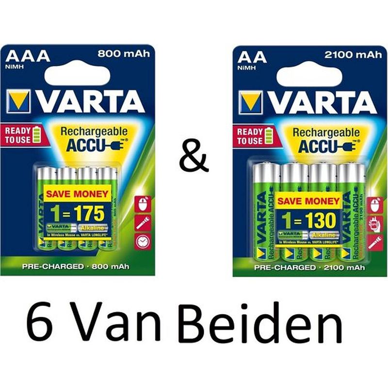 Foto van (6 van beiden) varta aa & aaa oplaadbare batterijen combi aanbieding 800 mah & 2100 mah