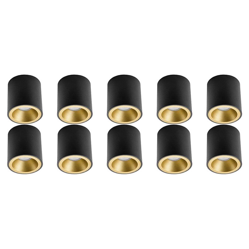 Foto van Opbouwspot 10 pack - pragmi cliron pro - gu10 fitting - opbouw rond - mat zwart/goud - aluminium - verdiept - ø90mm