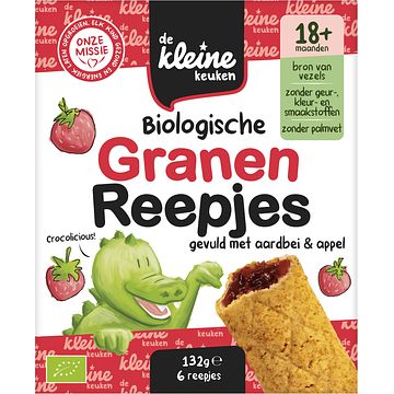 Foto van De kleine keuken biologische granen reepjes gevuld met aardbei & appel 18+ maanden 6 stuks 132g bij jumbo