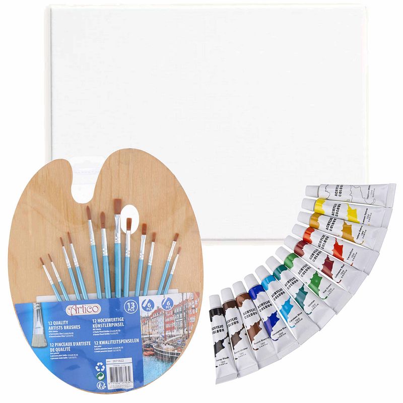 Foto van Complete hobby schilderij maken verf set met canvas schildersdoek - schildersets