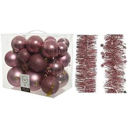 Foto van Kerstversiering kunststof kerstballen 6-8-10 cm met folieslingers pakket oud roze van 28x stuks - kerstbal