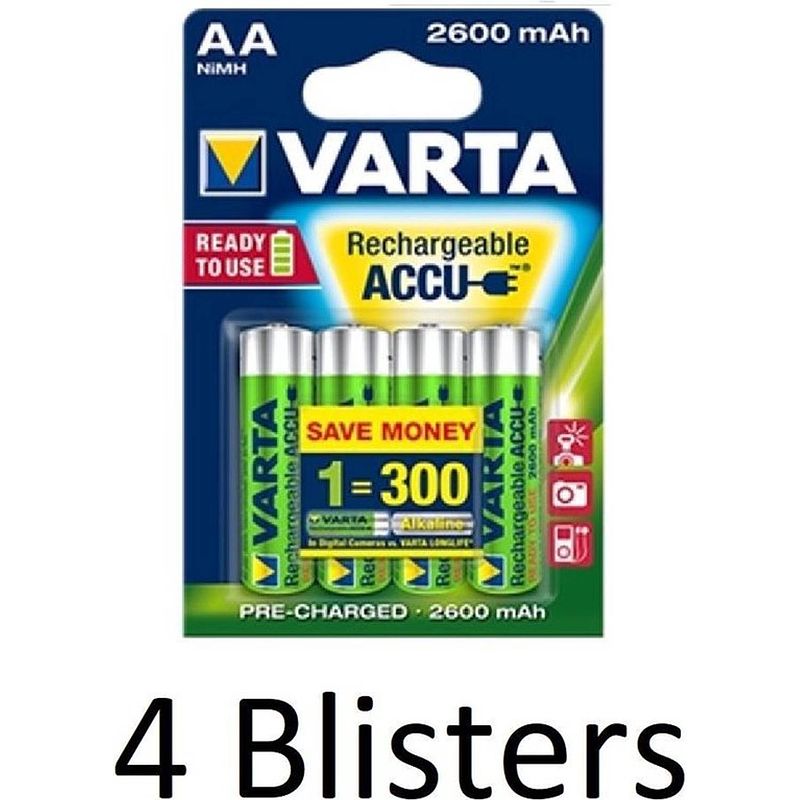 Foto van 16 stuks (4 blisters a 4 st) varta aa oplaadbare batterijen 2600 mah