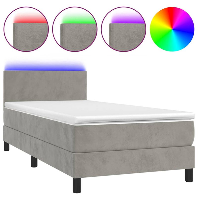 Foto van The living store boxspring bed - fluweel - led - pocketvering - topmatras - lichtgrijs - 193x90x78/88 cm